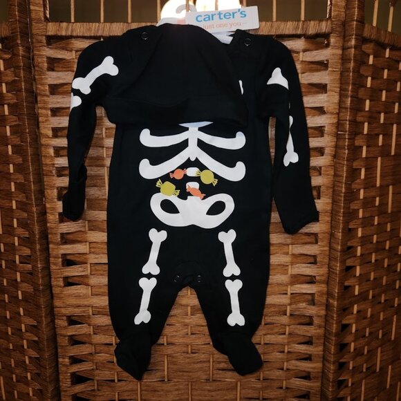 Carter's Baby Halloween Skeleton Jumpsuit w/ Beanie Hat - Size Newborn - NWT - Picture 1 of 4